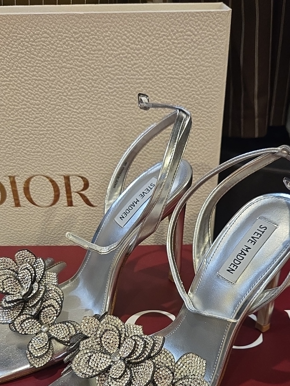 Steve Madden Silver Rhinestone Floral Slingback Heels